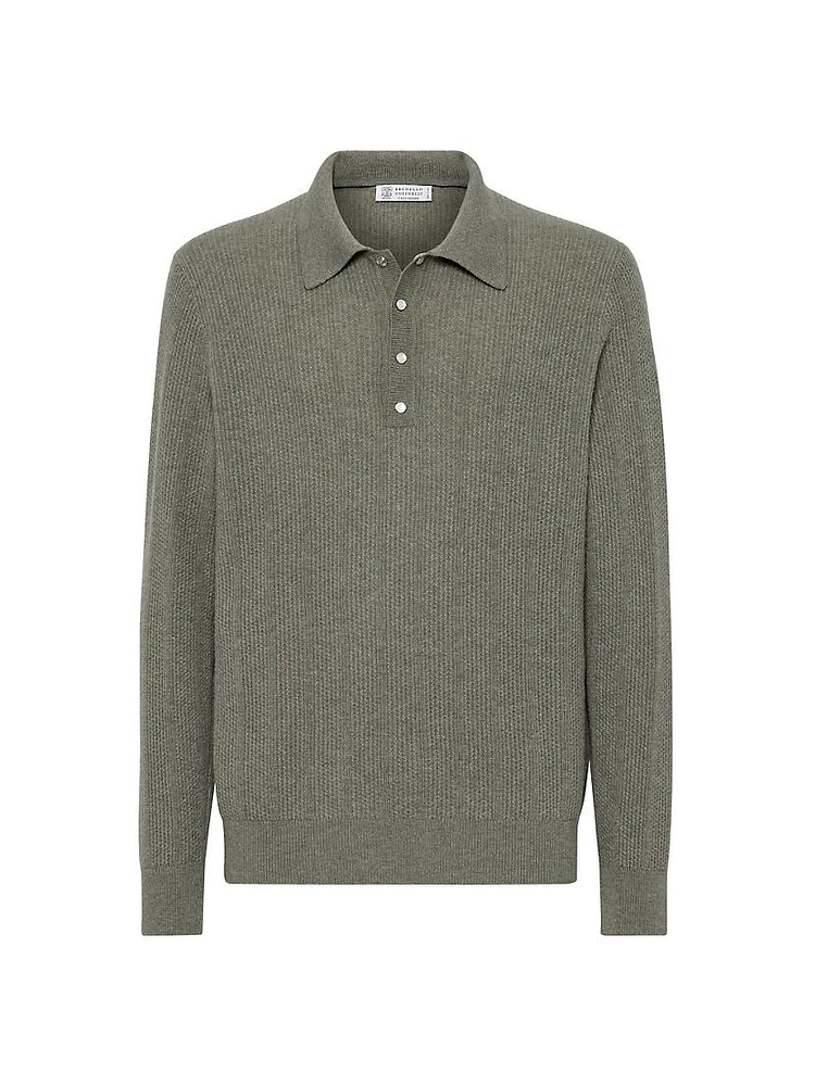 Cashmere Textured Rib Knit Polo with Long Sleeves