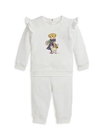 Baby Girl's Polo Bear Ruffle-Trim Sweatshirt & Joggers Set