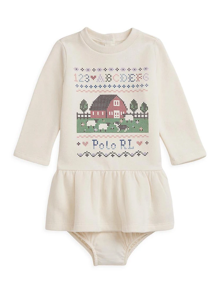 Baby Girl's Barn-Print Cotton-Blend Dress & Bloomers Set