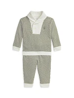 Baby Boy's Houndstooth Print Shawl Collar Sweatshirt & Joggers Set