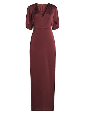 Crepe-Back Satin Cape-Sleeve Column Gown