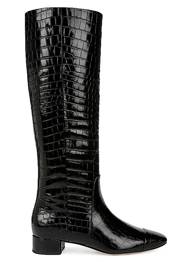 Cecile Croc-Embossed Wide-Calf Leather Boots