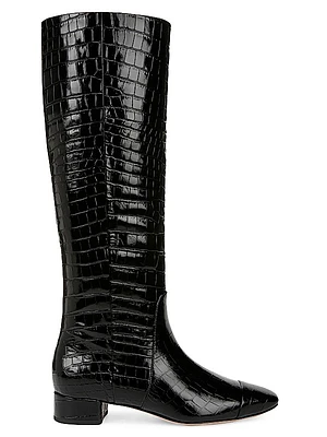 Cecile Croc-Embossed Wide-Calf Leather Boots