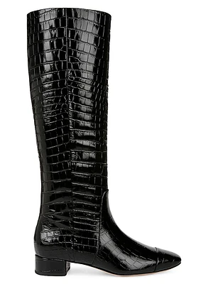Cecile Croc-Embossed Wide-Calf Leather Boots