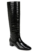 Cecile Croc-Embossed Wide-Calf Leather Boots