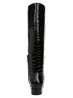 Cecile Croc-Embossed Wide-Calf Leather Boots