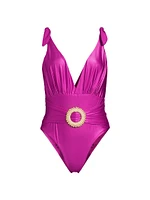 Embellished Plunging V-Neck One-Piece Swimsuit