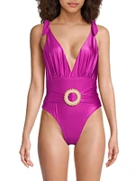 Embellished Plunging V-Neck One-Piece Swimsuit
