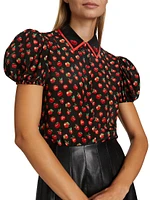 Willa Embroidered Silk Puff-Sleeve Blouse