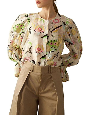 Floral Linen-Silk Blouse