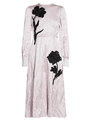 Satin Floral Long-Sleeve Midi-Dress