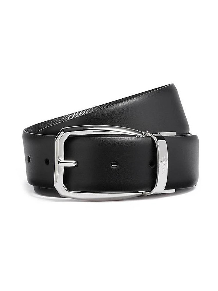 Leather and Batavia Engraved Leather Reversible Belt