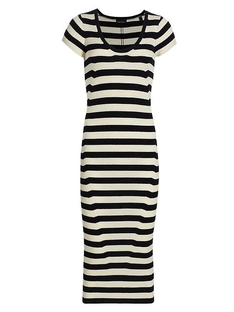 Striped Wool Knit Short-Sleeve Sweaterdress