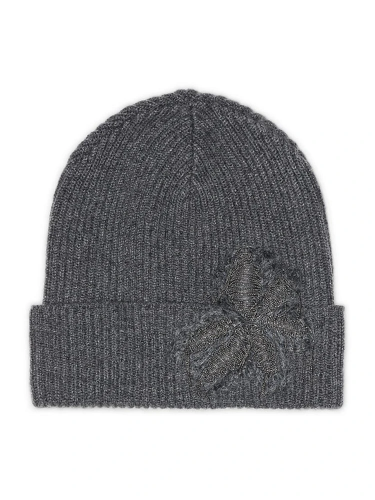 Cashmere Rib Knit Beanie with Precious Flower Crest