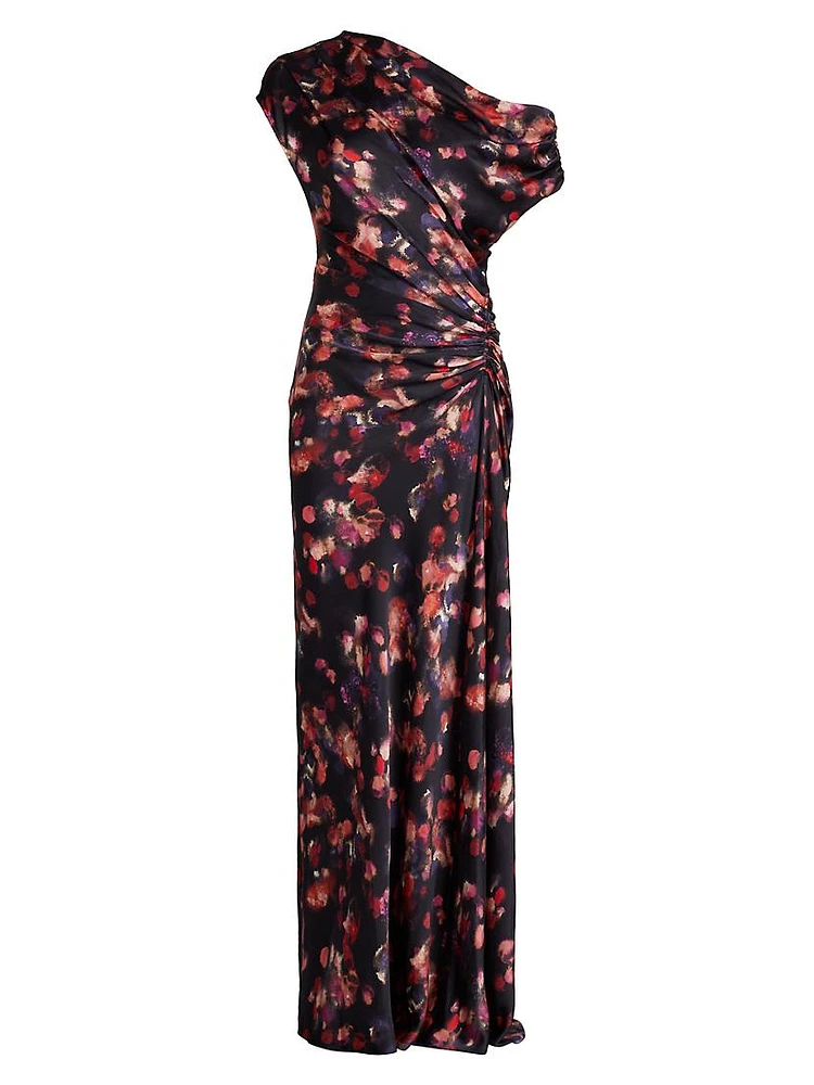 Poppy Abstract Stretch-Silk Ruched Gown