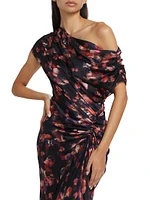 Poppy Abstract Stretch-Silk Ruched Gown