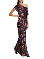 Poppy Abstract Stretch-Silk Ruched Gown