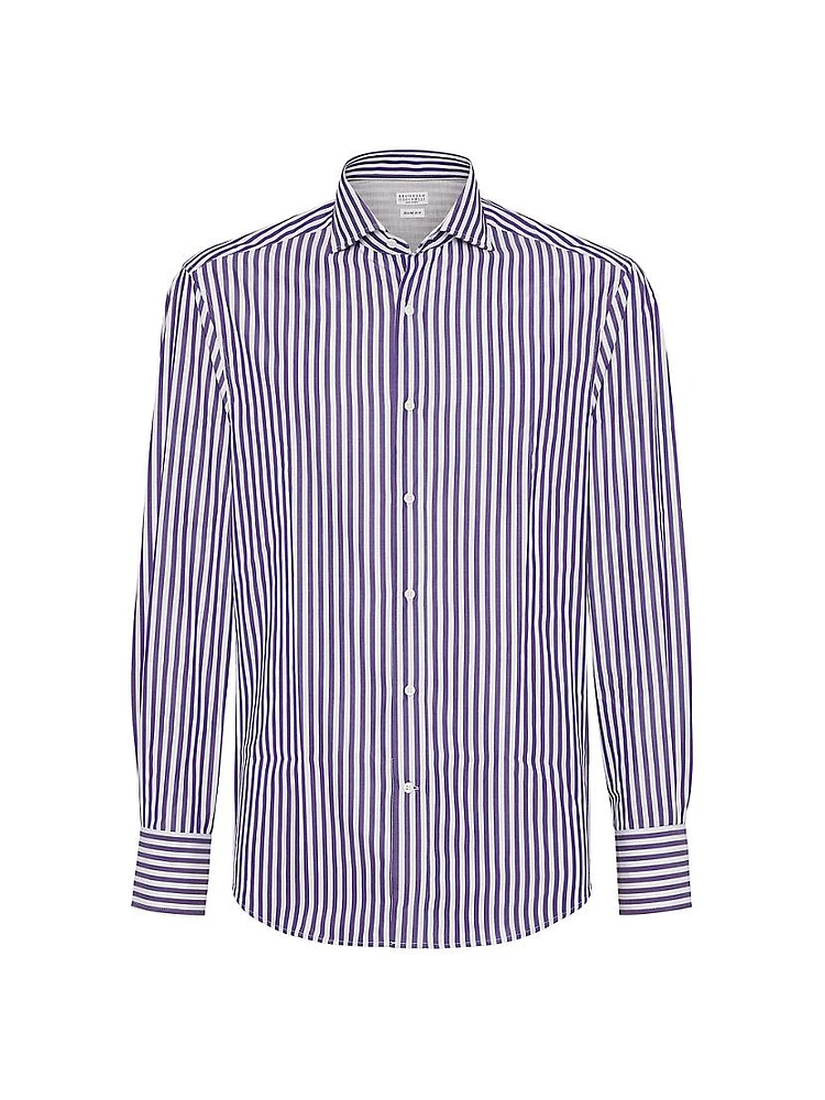 Striped Poplin Slim Fit Shirt with Spread Collar