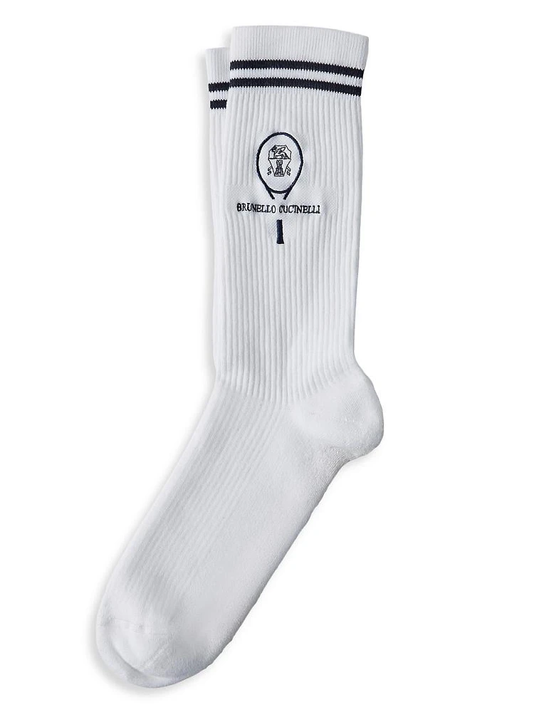 Techno Cotton Rib Knit Socks with Embroidery