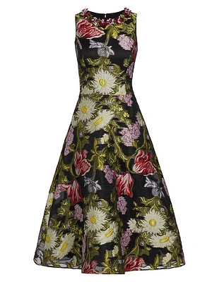 Embellished Floral Jacquard Sleeveless Midi-Dress