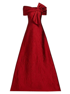 Floral Jacquard Bow-Shoulder Gown