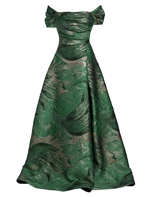 Leaf Metallic Jacquard Off-the-Shoulder Gown