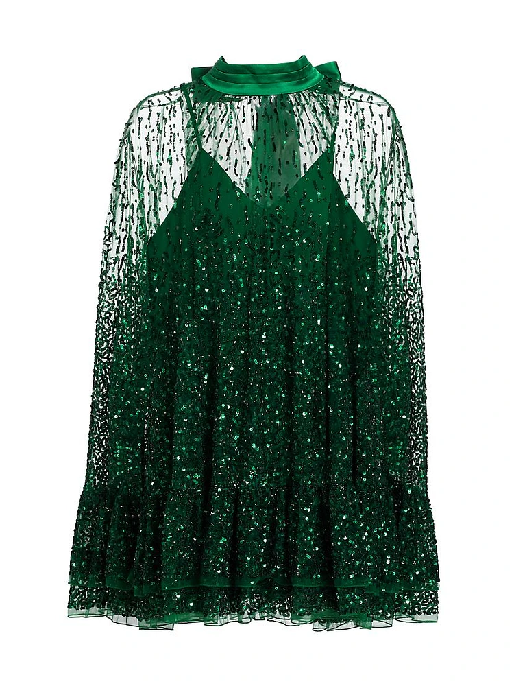 Zenon Embellished Tie-Neck Cape Minidress