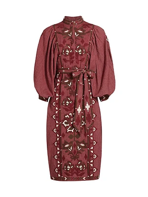 Toucans Embroidered Tie-Waist Midi-Dress