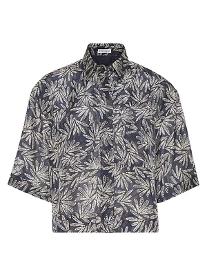 Silk Fern Print Pongee Shirt with Monili