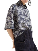 Silk Fern Print Pongee Shirt with Monili