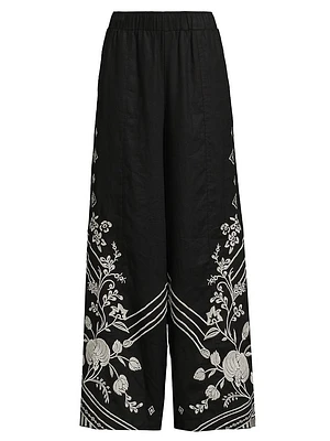 Seamed Embroidered Linen Pants