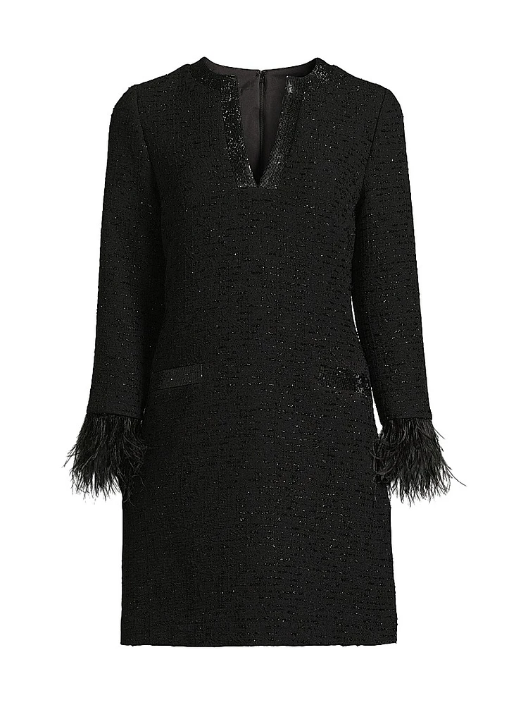 Bouclé Jacquard Feather-Cuff Cocktail Dress