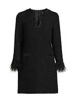 Bouclé Jacquard Feather-Cuff Cocktail Dress