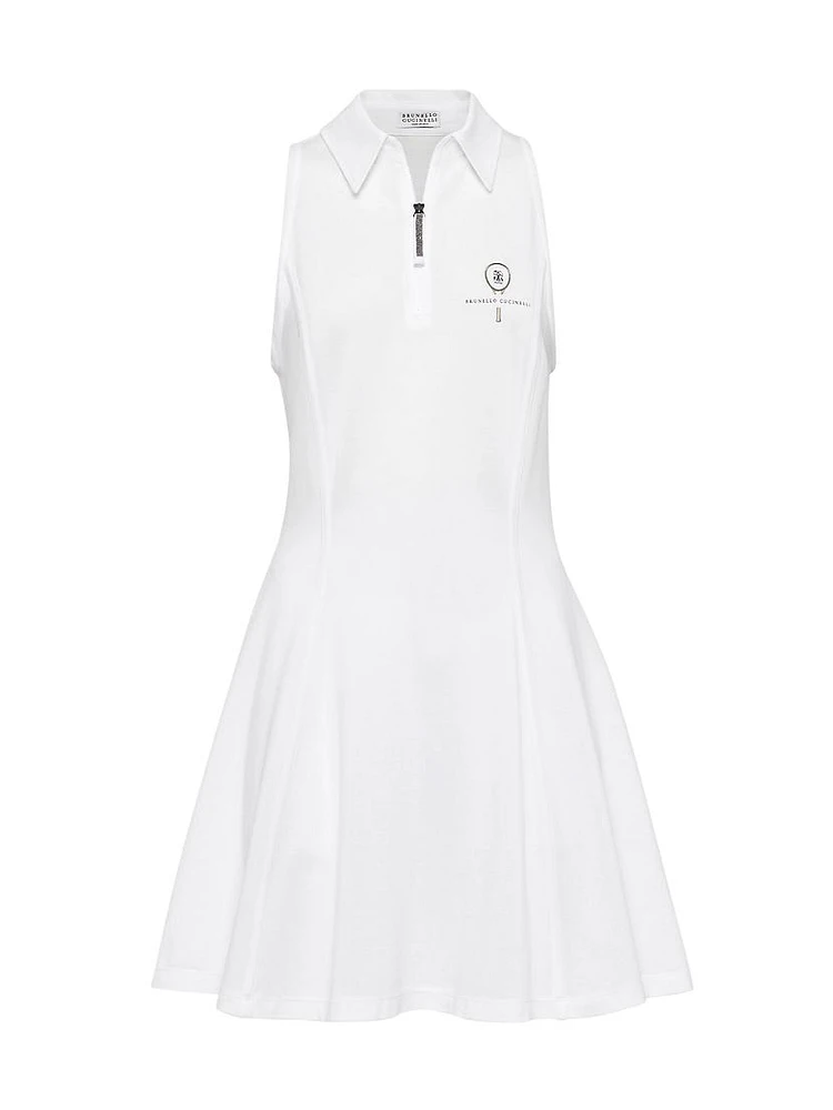 Stretch Cotton Piqué Dress with Shiny Zipper Pull and Tennis Logo