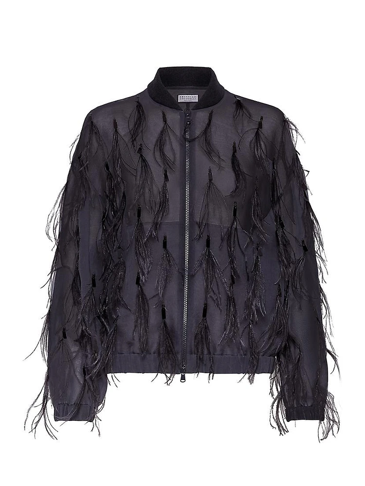 Crispy Silk Bomber Jacket with Dazzling Feather Embroidery