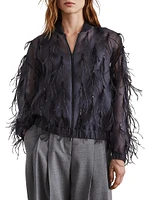 Crispy Silk Bomber Jacket with Dazzling Feather Embroidery