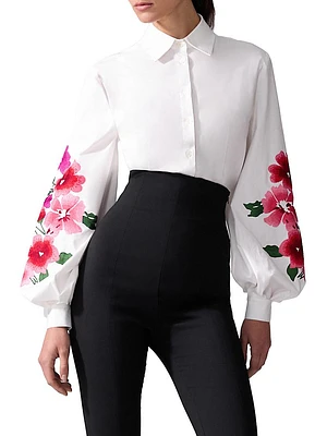 Embroidered Puff Sleeve Button-Front Shirt