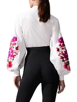 Embroidered Puff Sleeve Button-Front Shirt