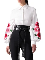 Embroidered Puff Sleeve Button-Front Shirt