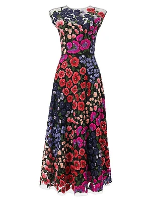 Embroidered Floral Tulle Cocktail Dress