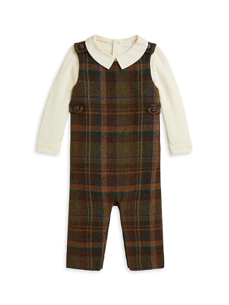 Baby Boy's Interlock Bodysuit & Plaid Overall Set