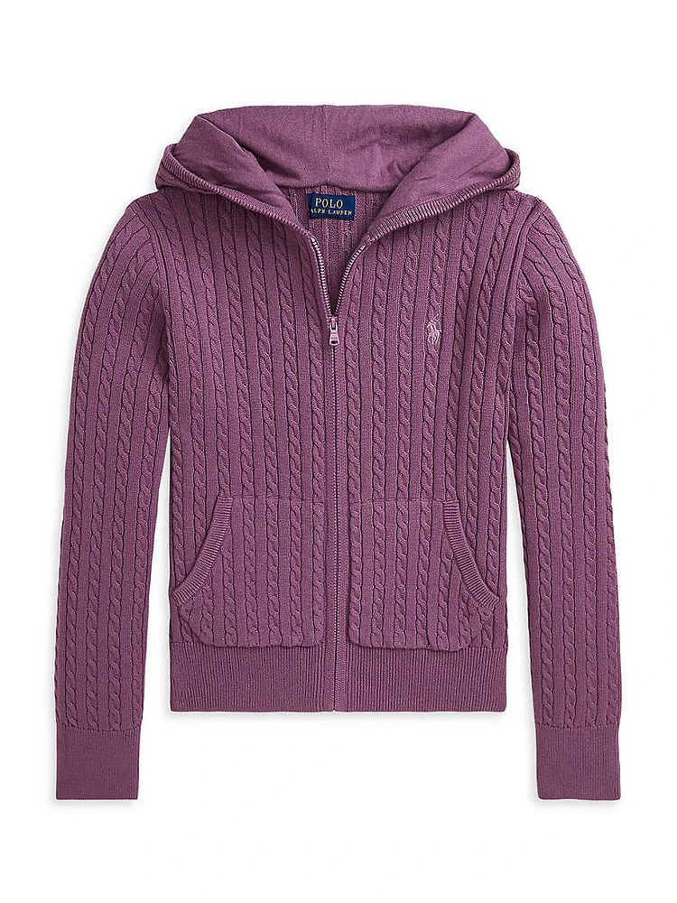 Girl's Mini-Cable Cotton Full-Zip Hoodie