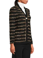 Chain-Trim Shimmer Knit Cardigan