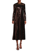 Sequined A-Line Sheer Yoke Maxi Dress