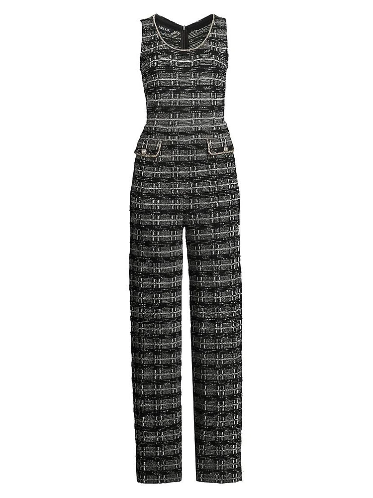 Rhinestone-Embellished Fringed Tweed Jumpsuit