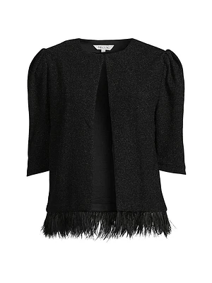 Sparkle Feather-Trim Knit Short Sleeve Jacket