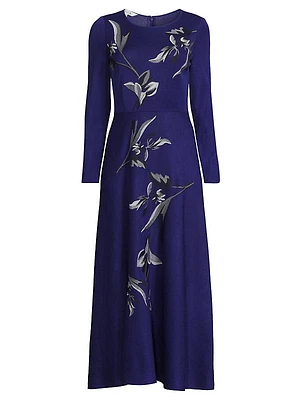 Floral Embroidered Long-Sleeve Midi-Dress