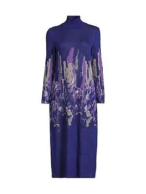 Abstract Knit Turtleneck Midi Dress
