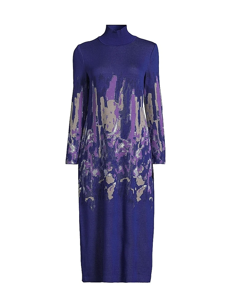 Abstract Knit Turtleneck Midi Dress