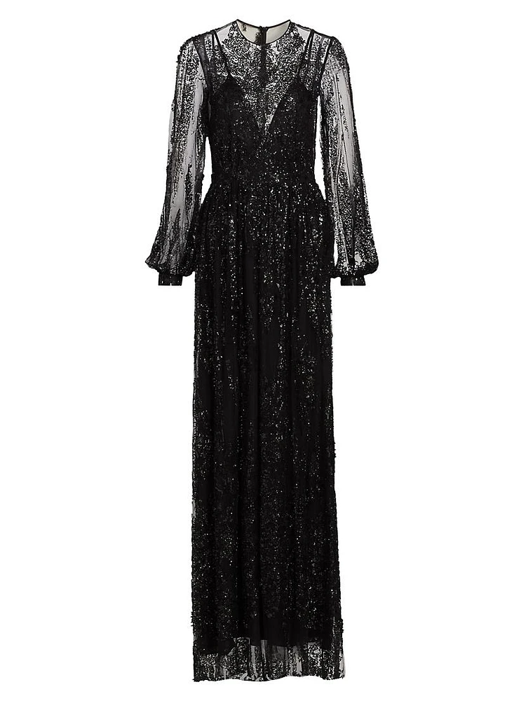 Sequined Lace Blouson-Sleeve Gown
